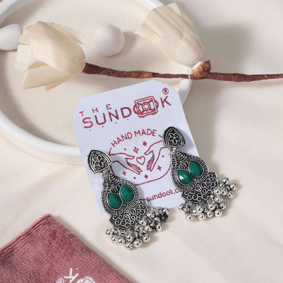 Kaushiki Pink & Green Stone Silver Oxidized Choker Set