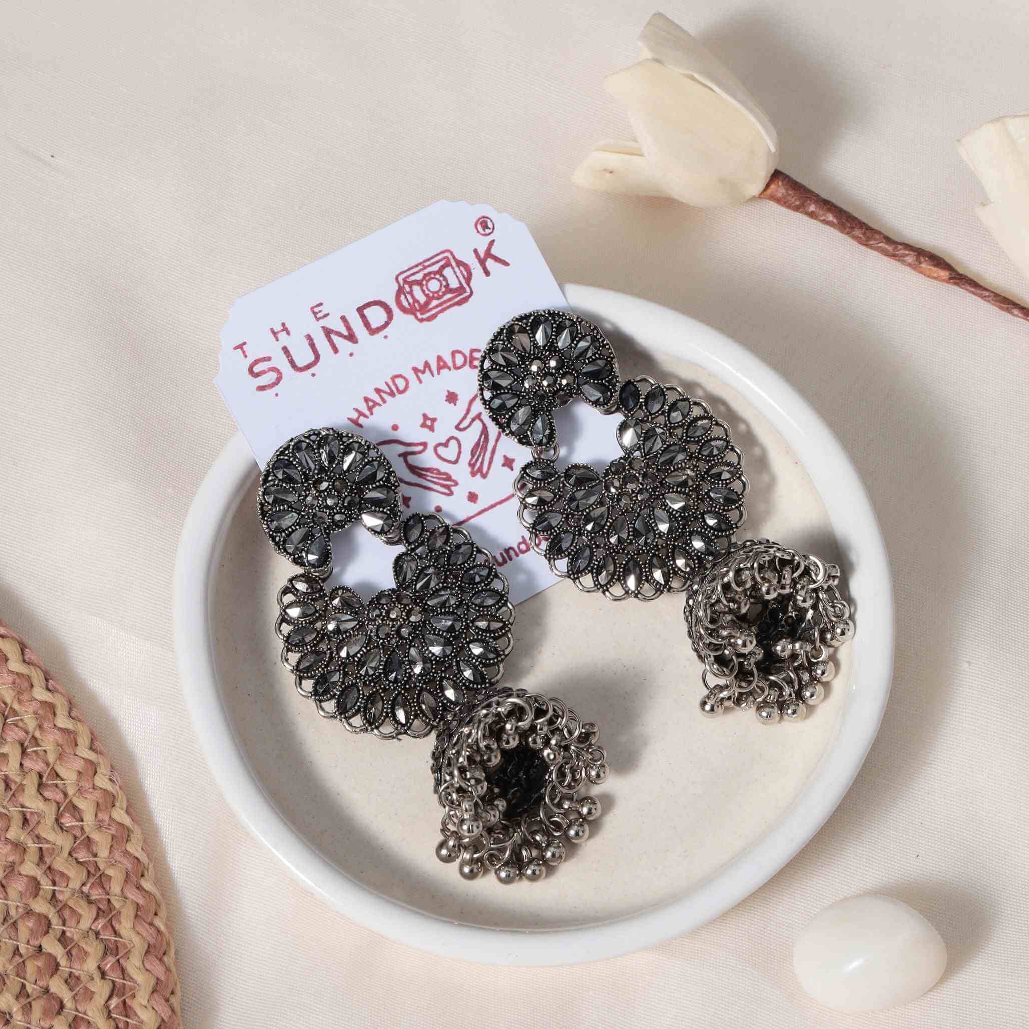 Shaila Silver Oxidized Jhumki Earrings