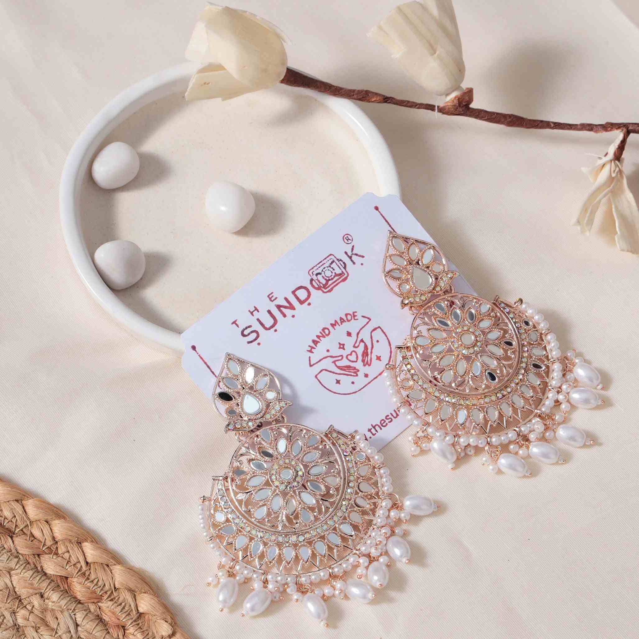Anwita Pearl & Mirror Rose Gold Chandbali Earrings