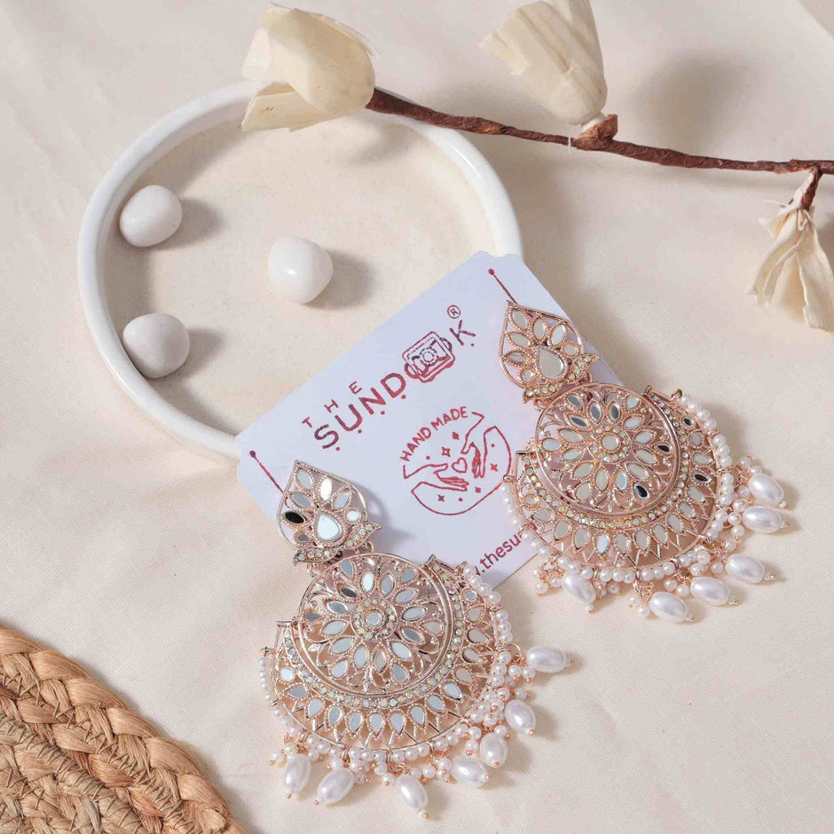Anwita Pearl & Mirror Rose Gold Chandbali Earrings