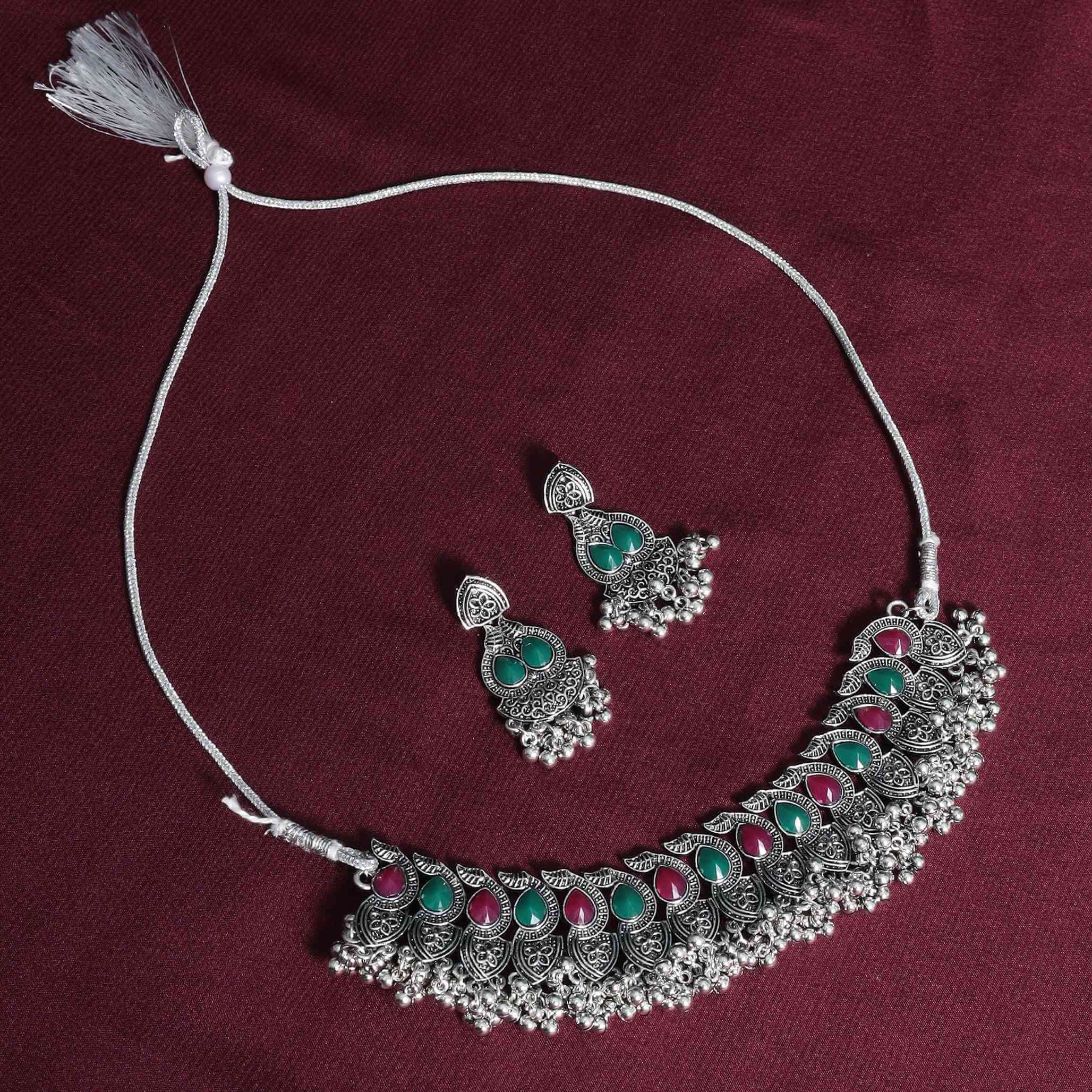 Kaushiki Pink & Green Stone Silver Oxidized Choker Set