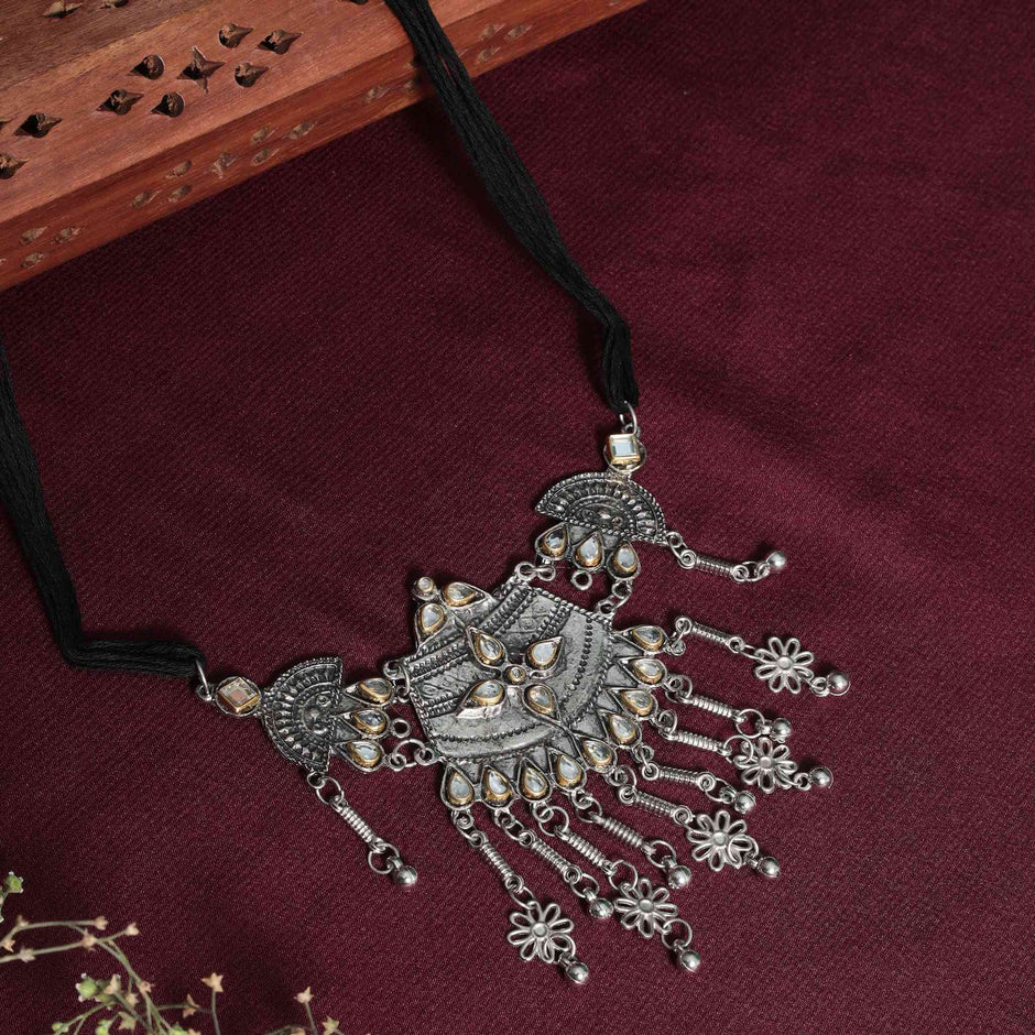 Saanvi Mirror Silver Oxidized Choker Necklace Set