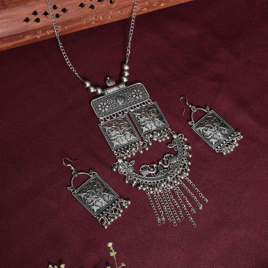 Gauri Silver Oxidized Long Necklace Set