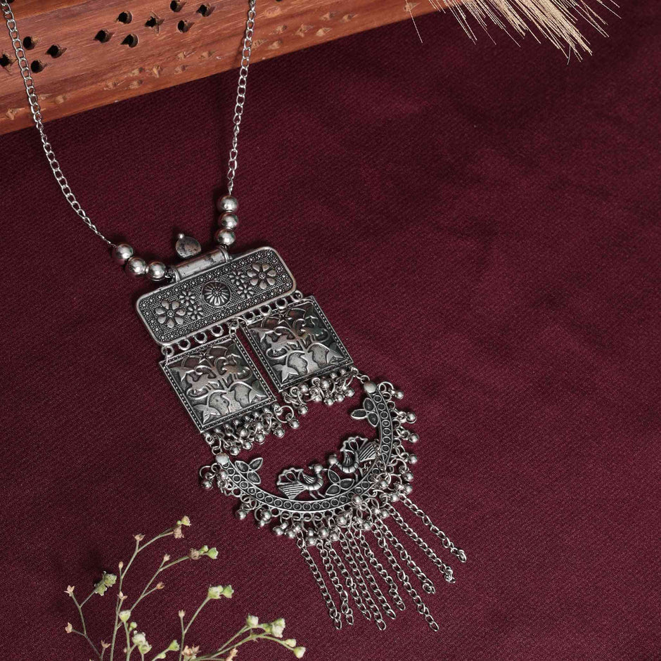 Gauri Silver Oxidized Long Necklace Set