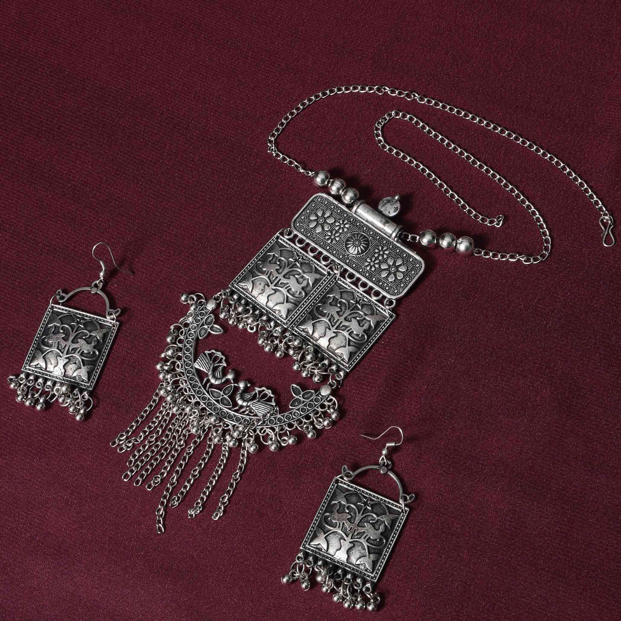 Gauri Silver Oxidized Long Necklace Set