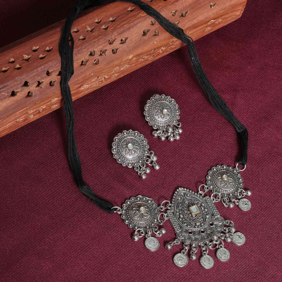 Arya Silver Oxidized Choker Necklace Set