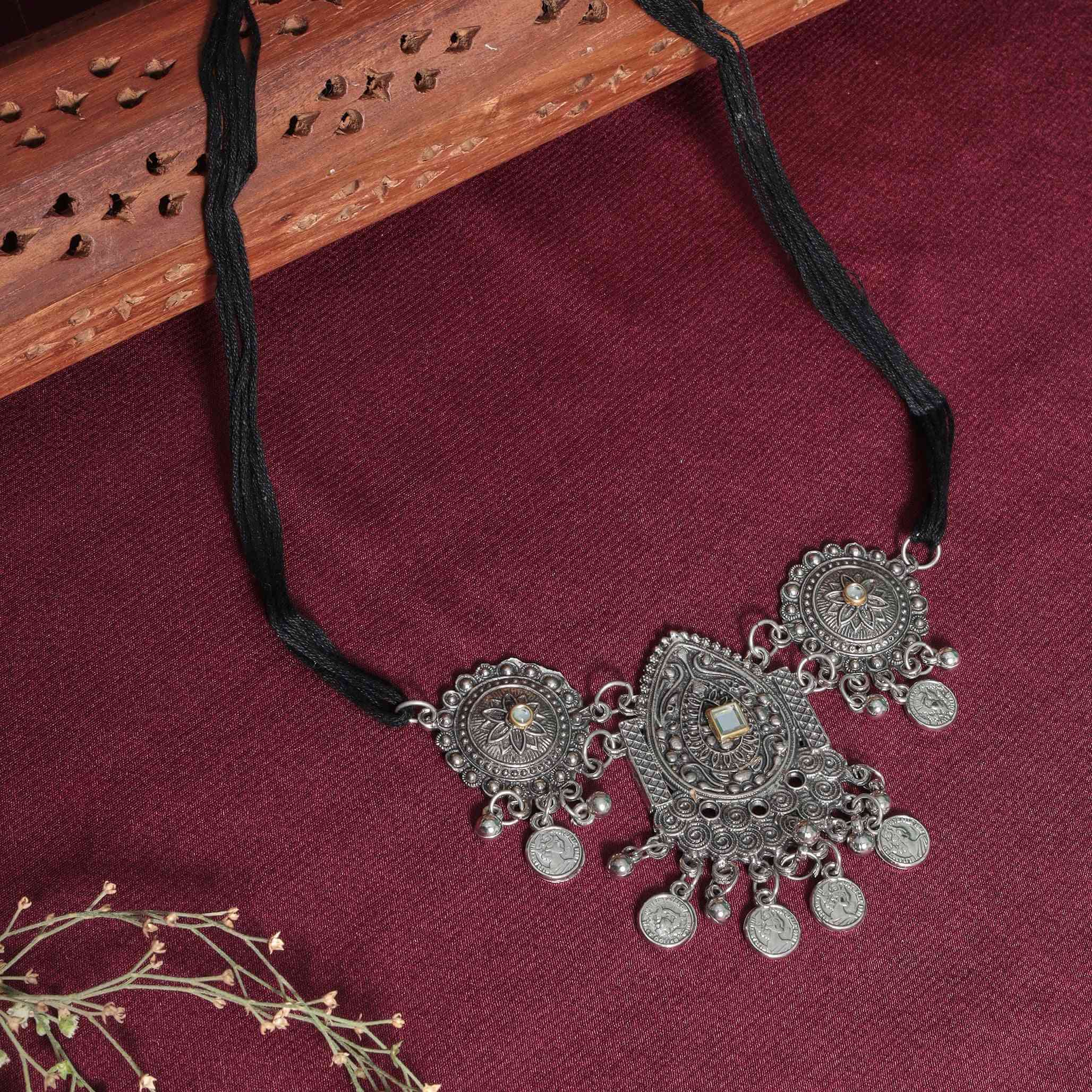 Arya Silver Oxidized Choker Necklace Set