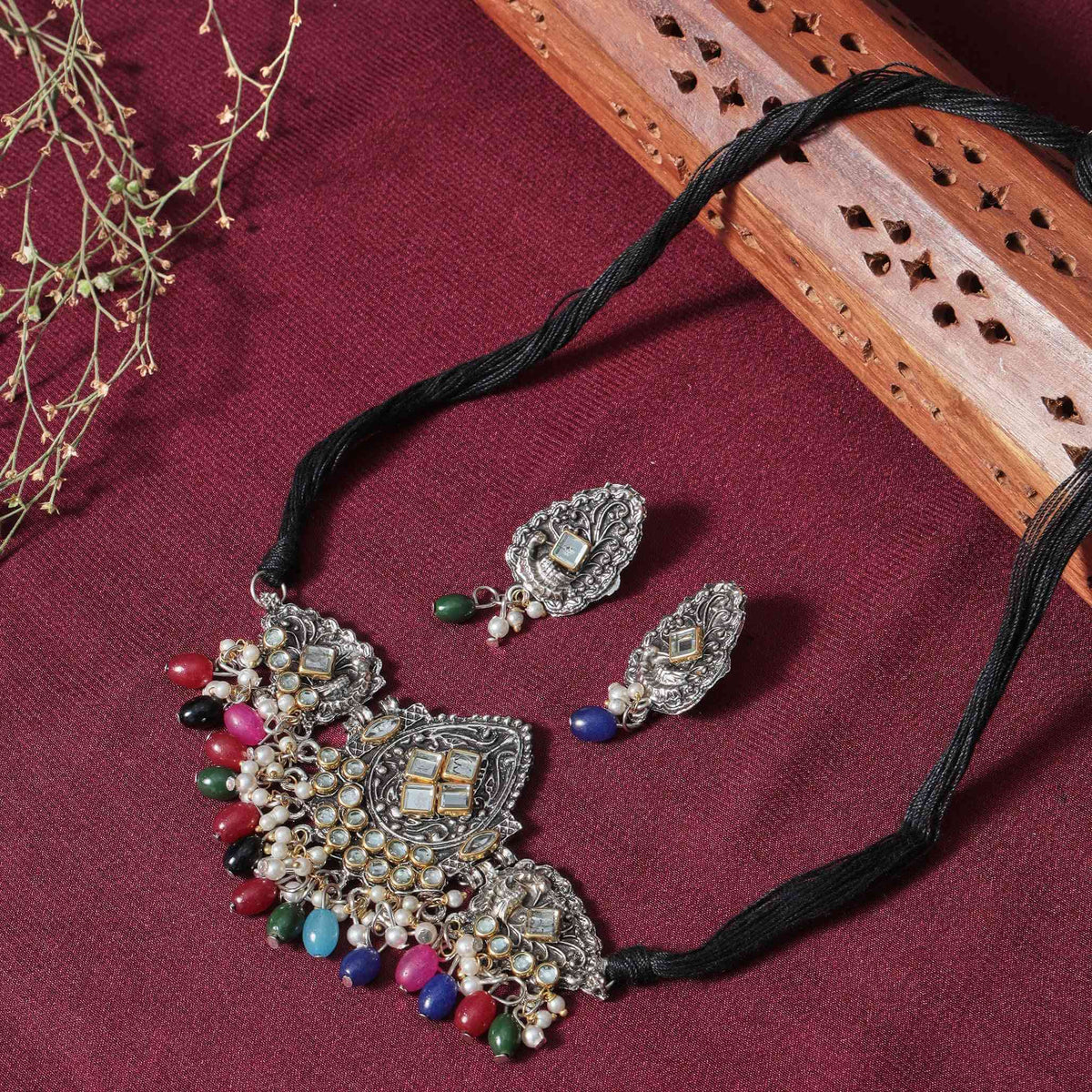 Siya Multicolour Siver Oxidized Choker Necklace Set