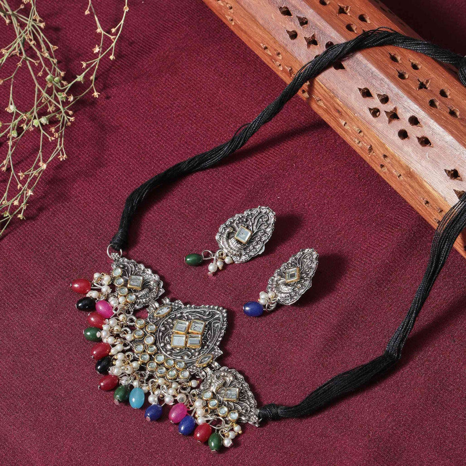 Siya Multicolour Siver Oxidized Choker Necklace Set