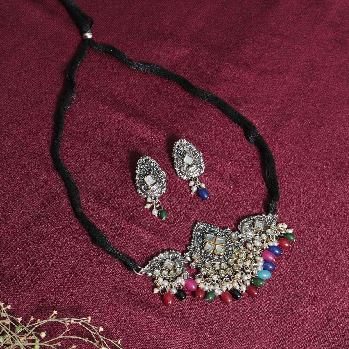 Siya Multicolour Siver Oxidized Choker Necklace Set