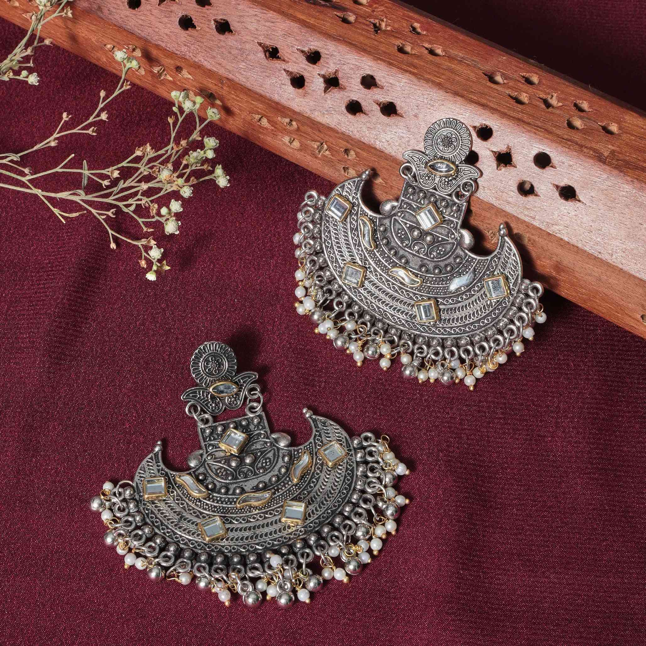 Vamika Silver Oxidized Chandbali Earrings