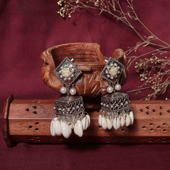 Vrinda Pearl & Kaudi Silver Oxidized Jhumka Earrings