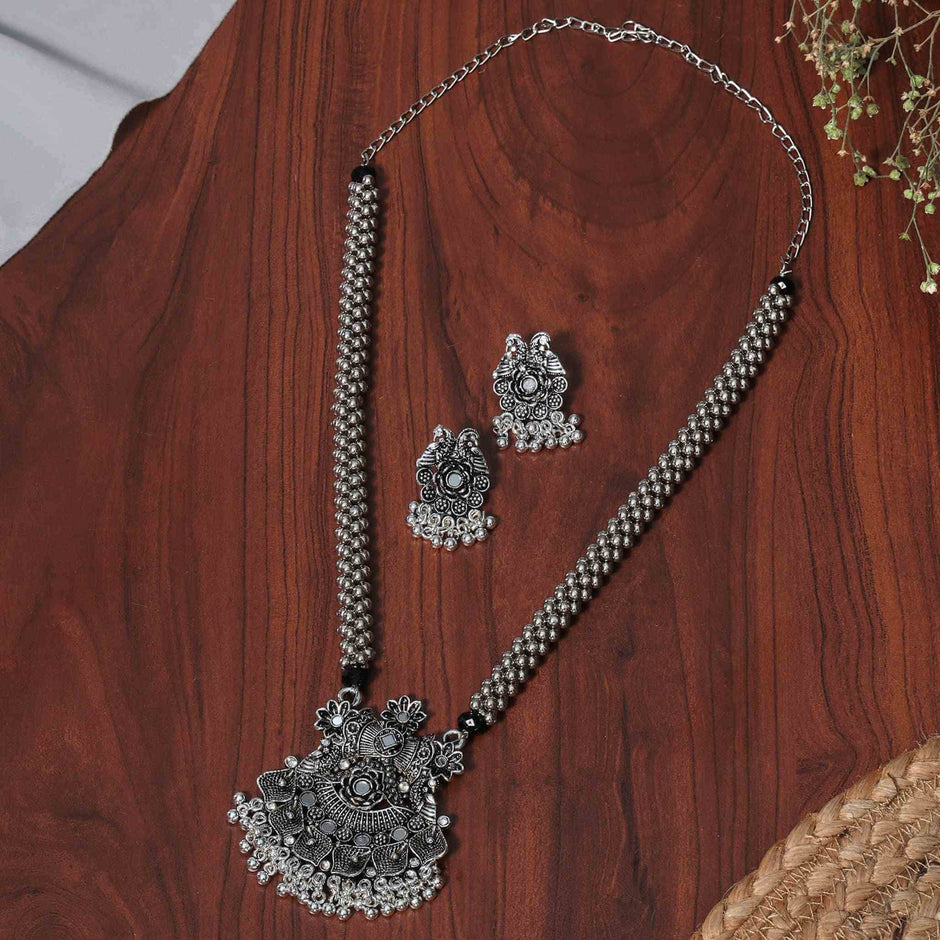 Raavi Silver Oxidized Long Necklace Set