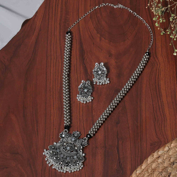 Raavi Silver Oxidized Long Necklace Set
