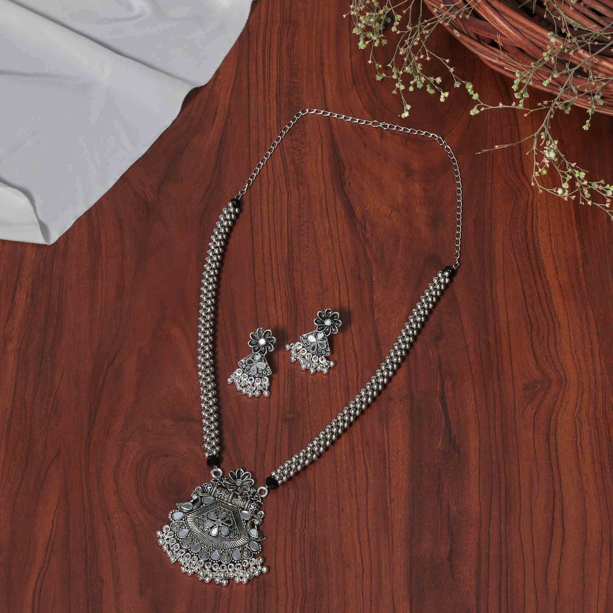 Veda Silver Oxidized Long Necklace Set