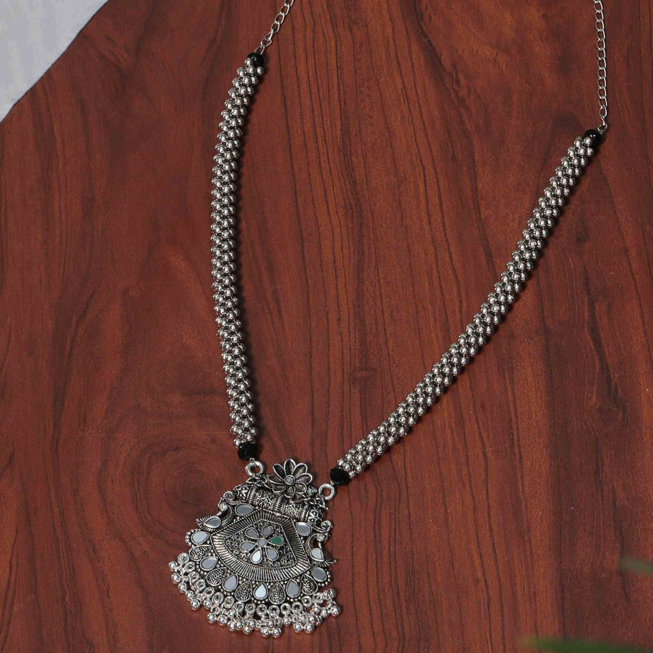 Veda Silver Oxidized Long Necklace Set