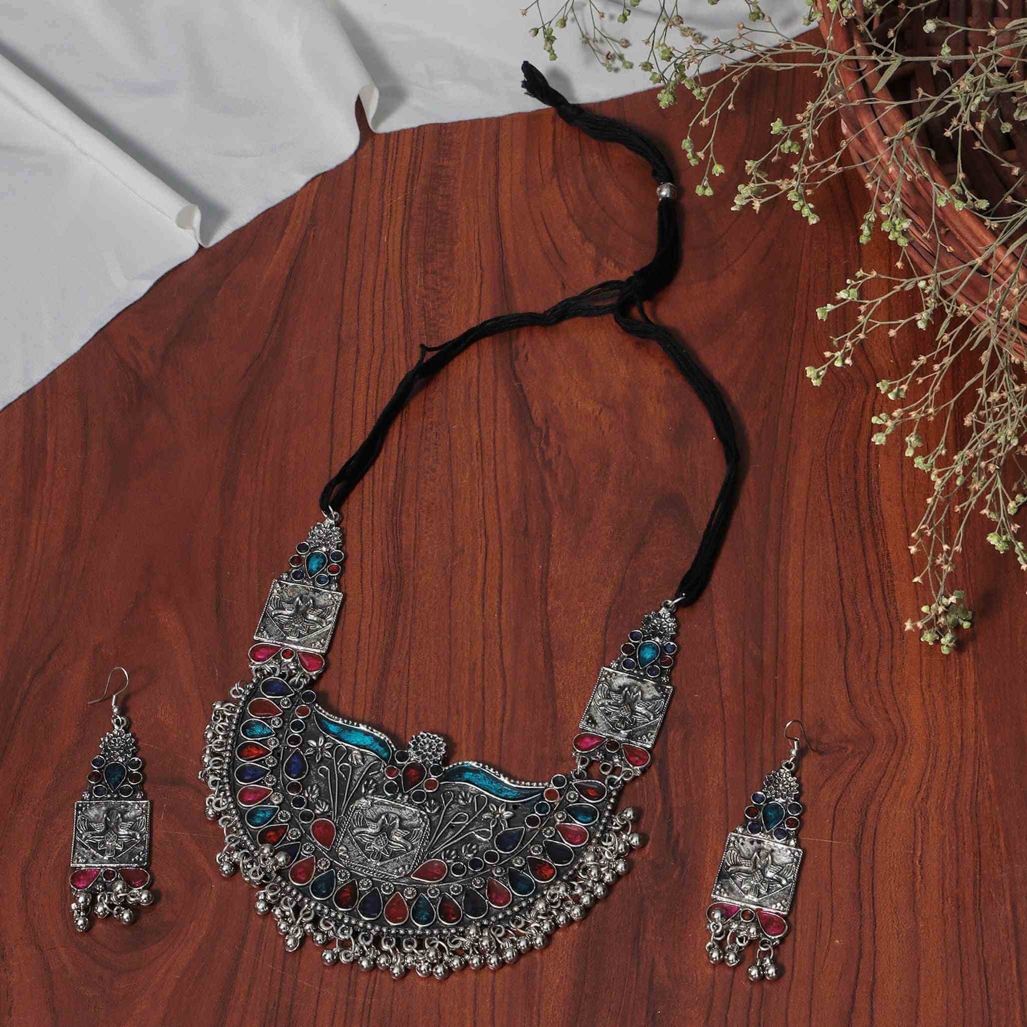 Akansha Kundan Silver Oxidized Necklace Set - Multicolour