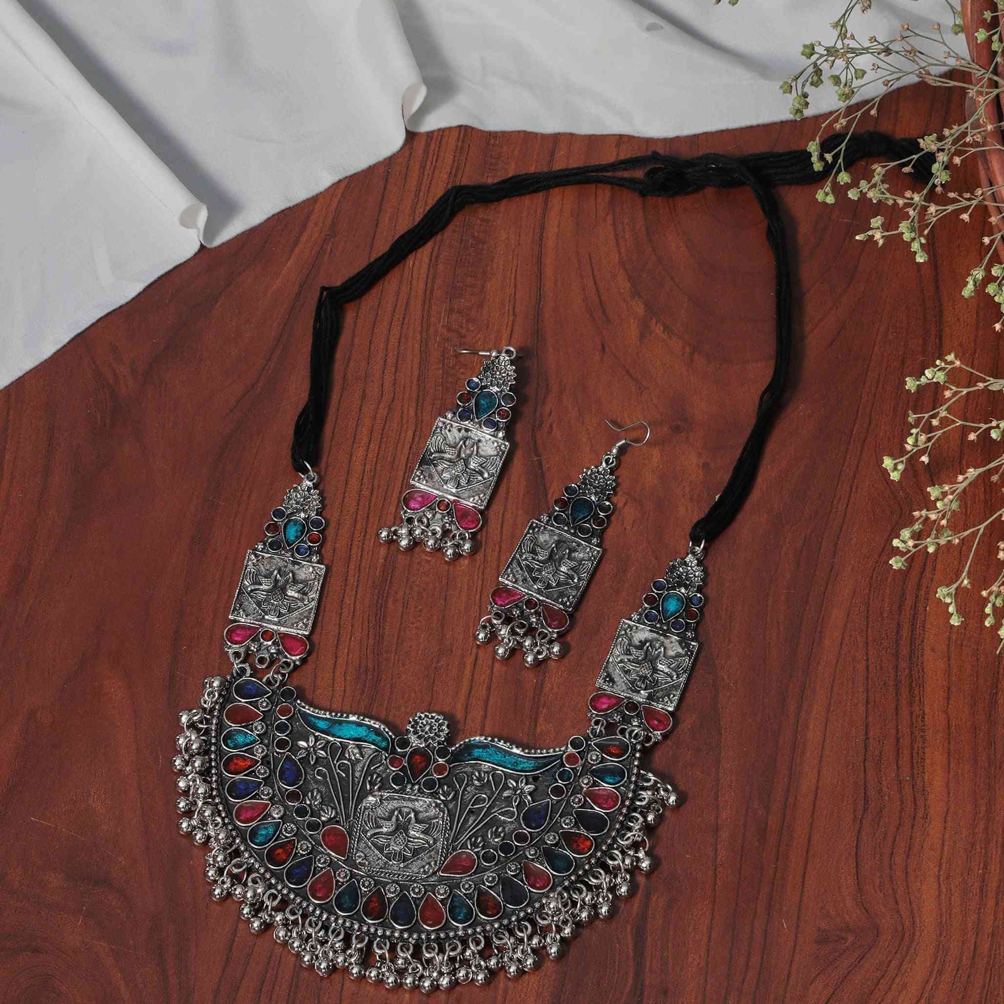 Akansha Kundan Silver Oxidized Necklace Set - Multicolour