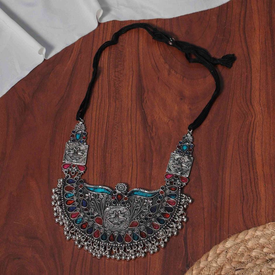 Akansha Kundan Silver Oxidized Necklace Set - Multicolour