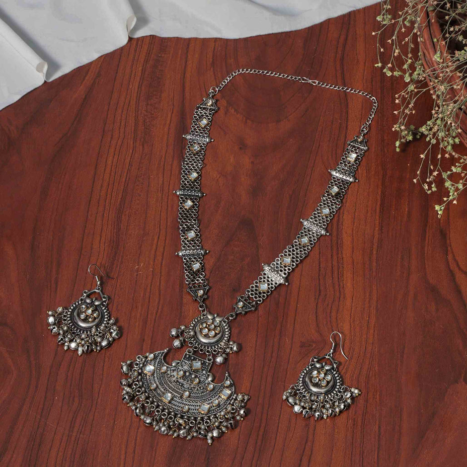 Jivika Silver Oxidized Long Necklace Set