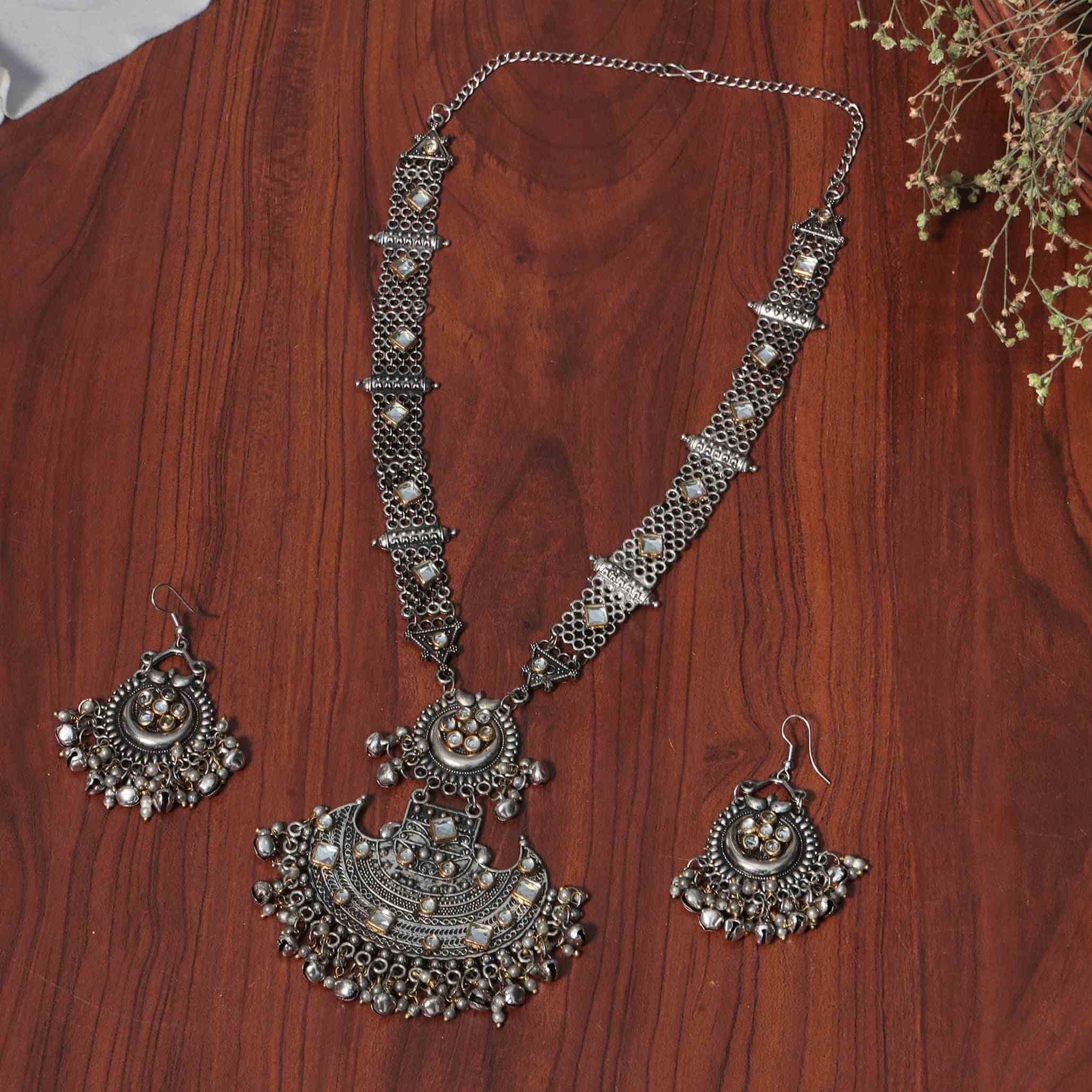 Jivika Silver Oxidized Long Necklace Set