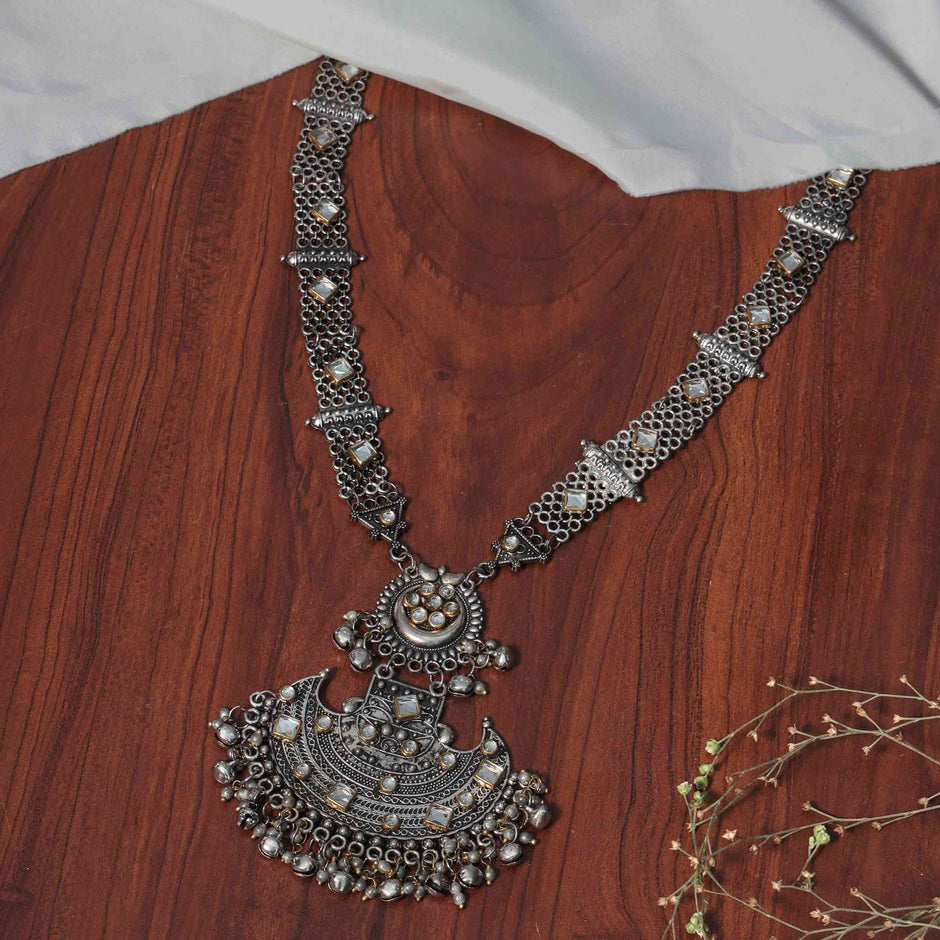 Jivika Silver Oxidized Long Necklace Set