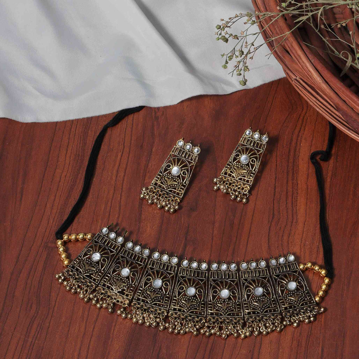 Dhvani Mirror Gold Oxidized Choker Necklace Set