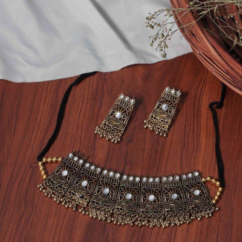 Dhvani Mirror Gold Oxidized Choker Necklace Set