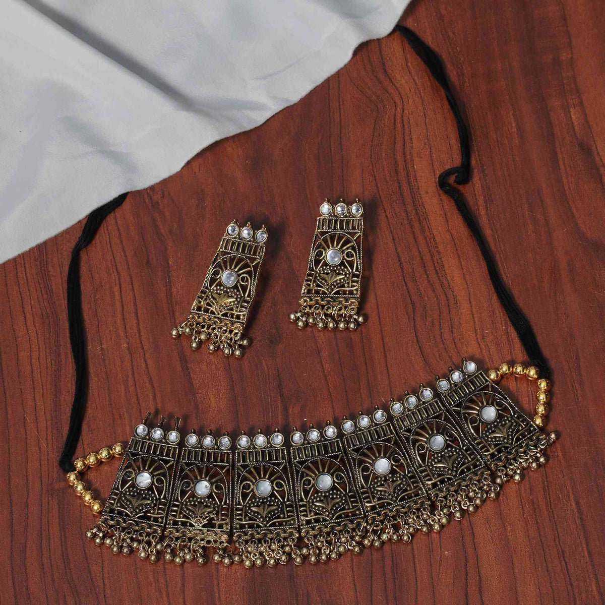 Dhvani Mirror Gold Oxidized Choker Necklace Set