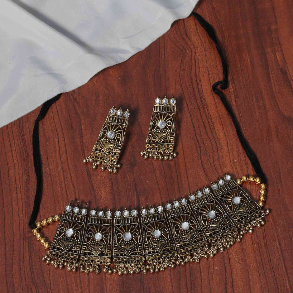 Dhvani Mirror Gold Oxidized Choker Necklace Set