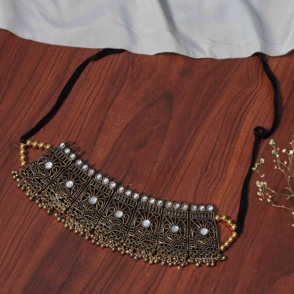 Dhvani Mirror Gold Oxidized Choker Necklace Set