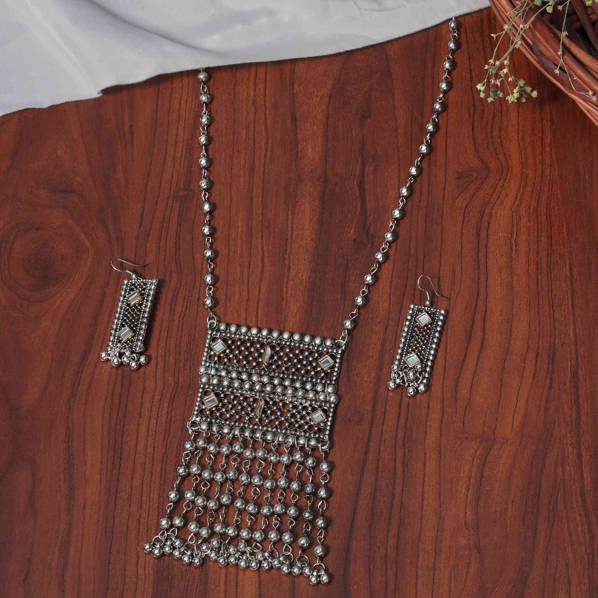 Navya Silver Oxidized Long Necklace Set