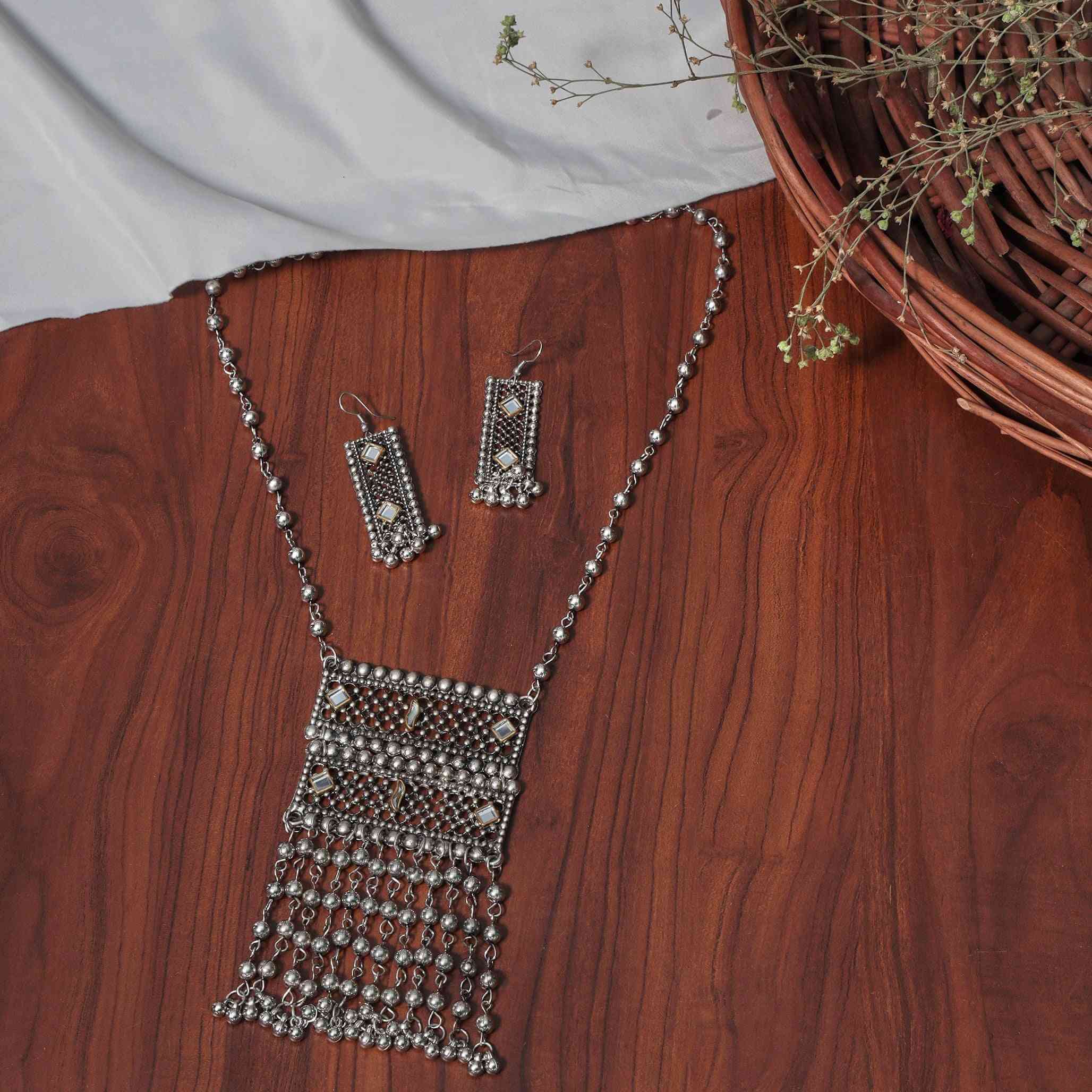 Navya Silver Oxidized Long Necklace Set