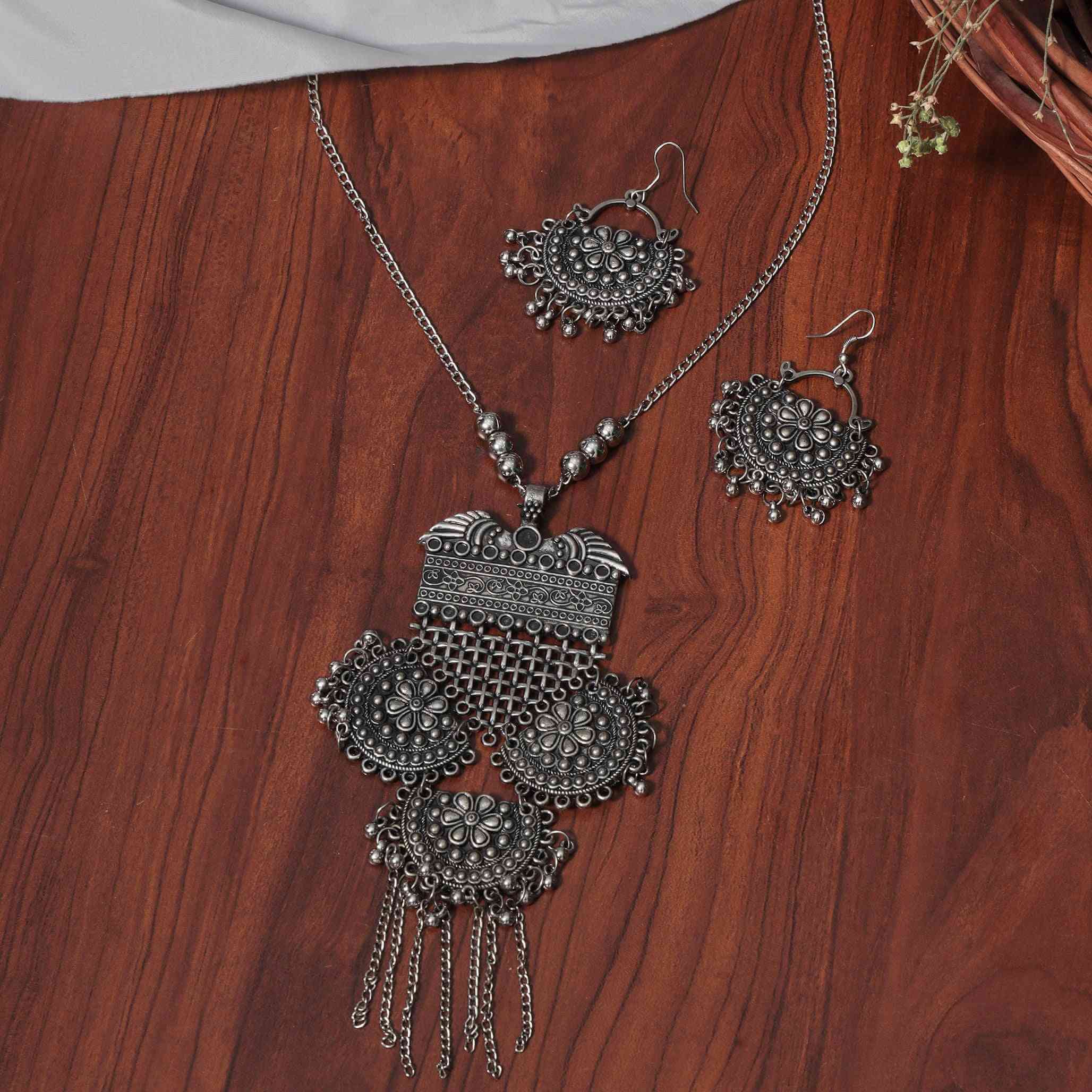Kavya Silver Oxidized Long Necklace Set