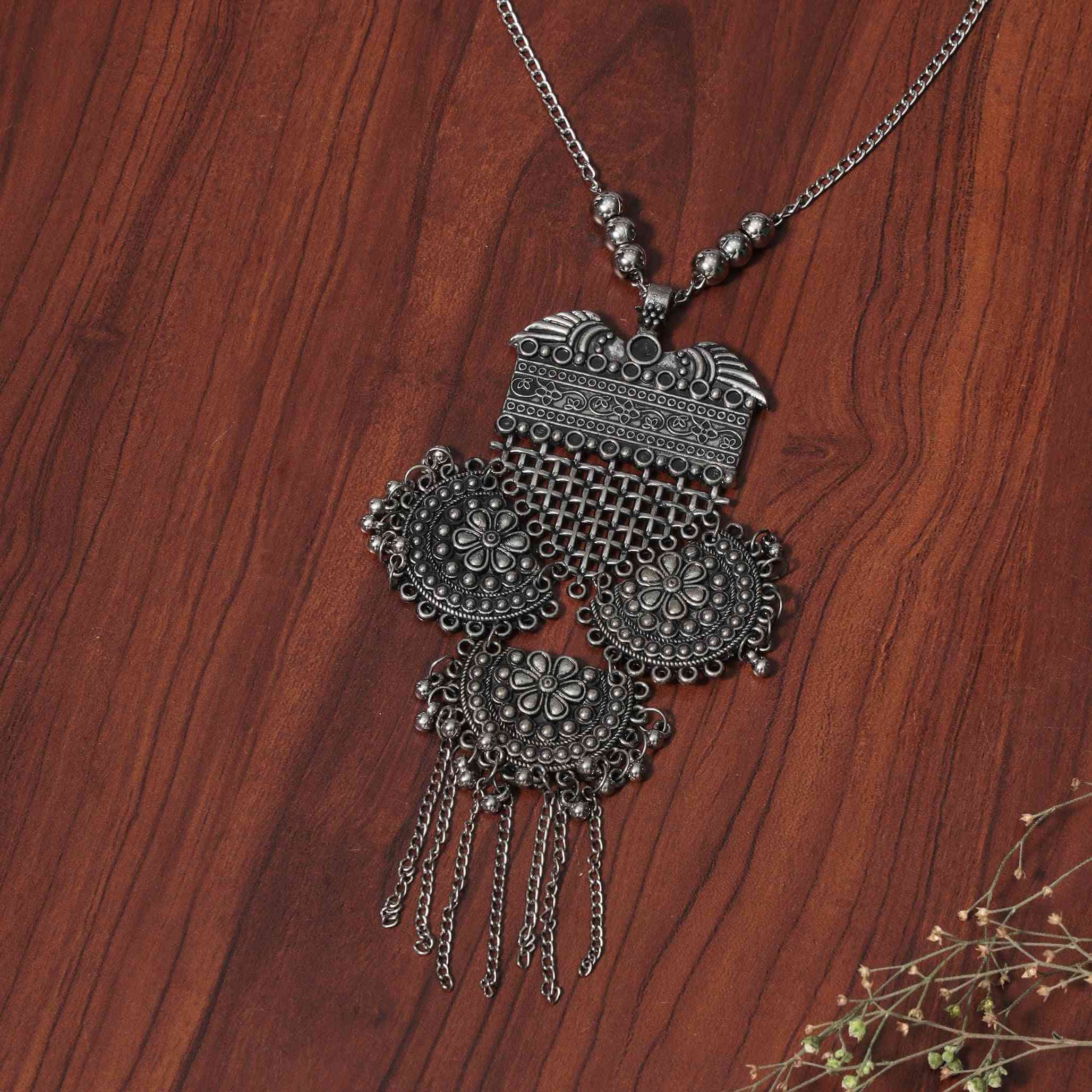 Kavya Silver Oxidized Long Necklace Set
