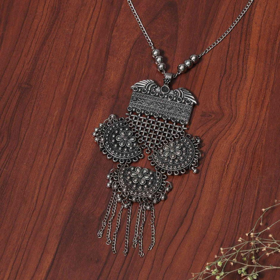 Kavya Silver Oxidized Long Necklace Set