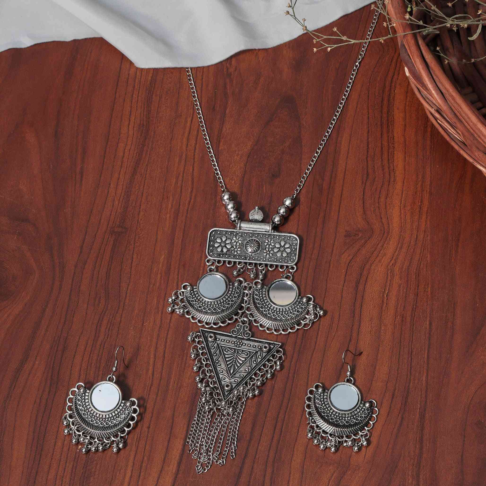 Ananya Silver Oxidized Long Necklace Set