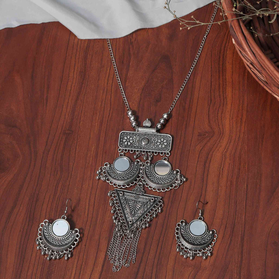 Ananya Silver Oxidized Long Necklace Set