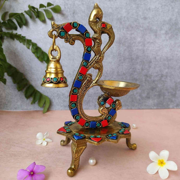 Peacock Trinity Stone Brass Diya with Bell