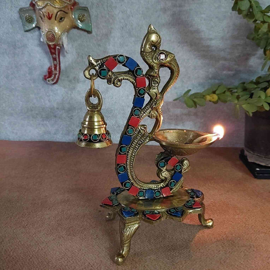 Peacock Trinity Stone Brass Diya with Bell