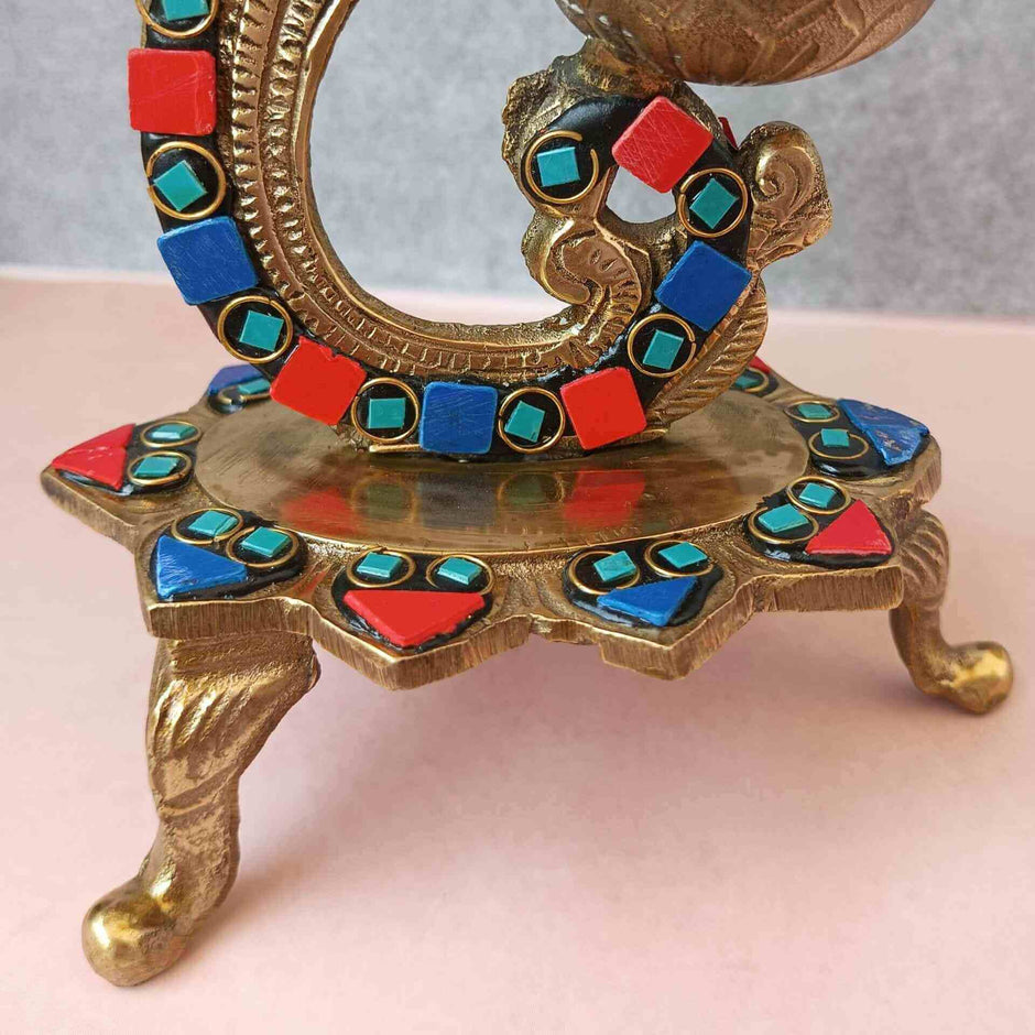 Peacock Trinity Stone Brass Diya with Bell