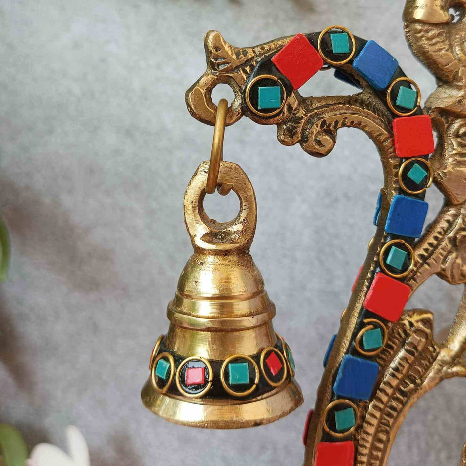 Peacock Trinity Stone Brass Diya with Bell