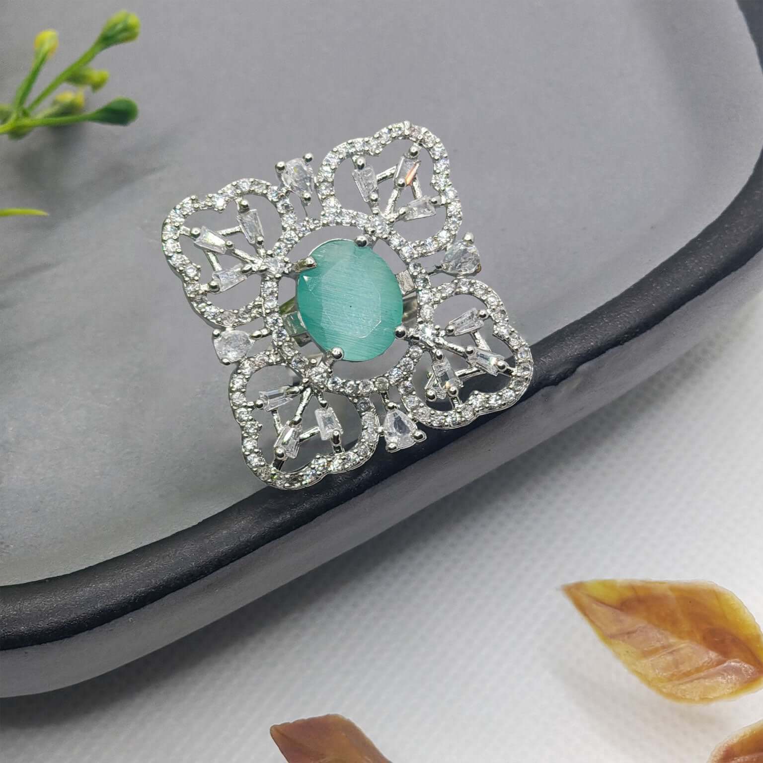 Mina Silver Plated AD Rings - Mint Green
