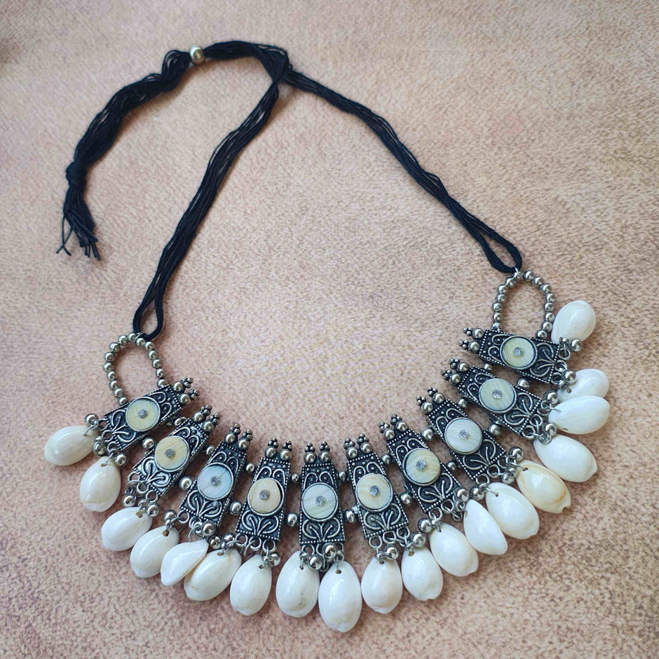 Aadhya Kaudi Silver Oxidized Choker Set