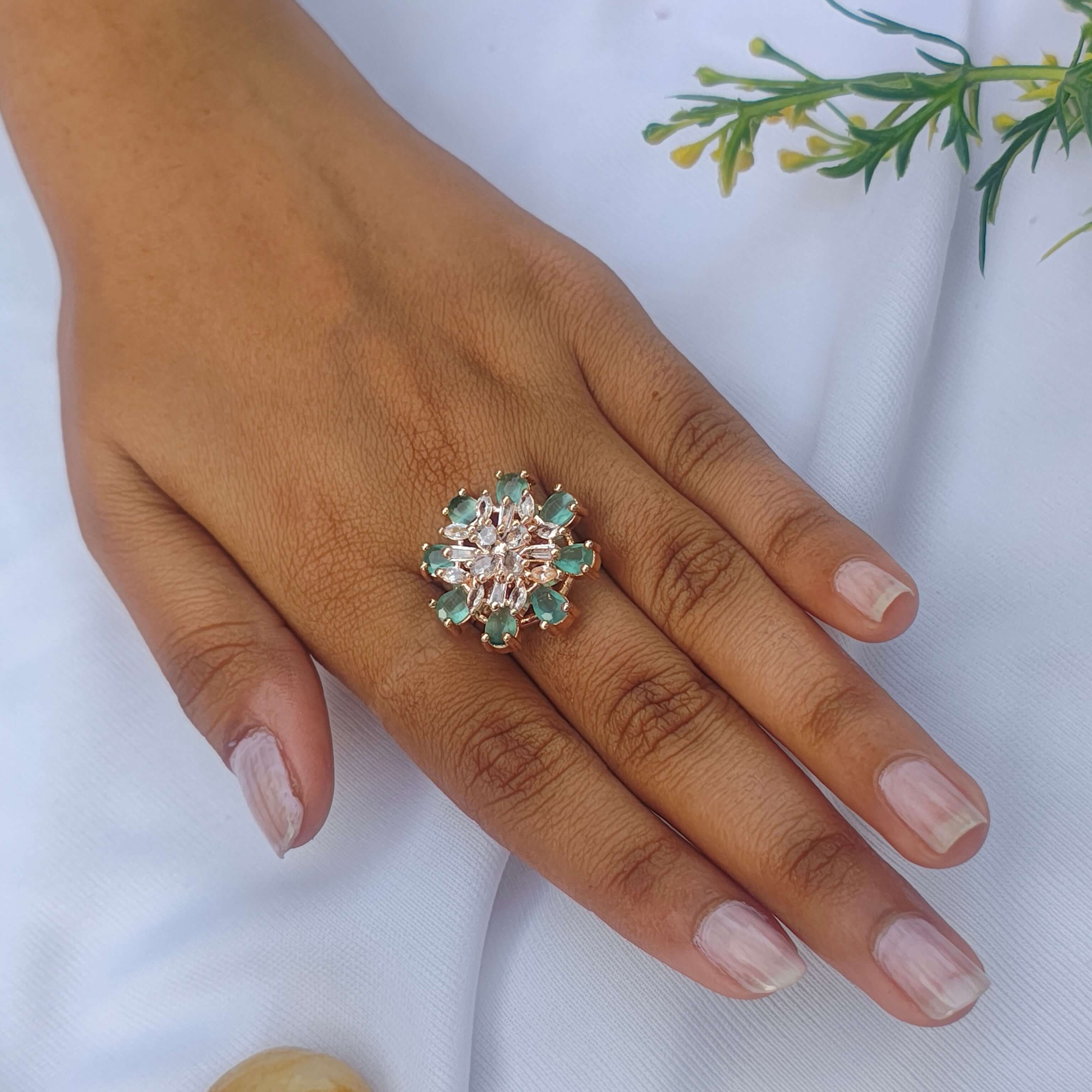 AAHANA GOLD PLATED AMERICAN DIAMOND RING - MINT GREEN