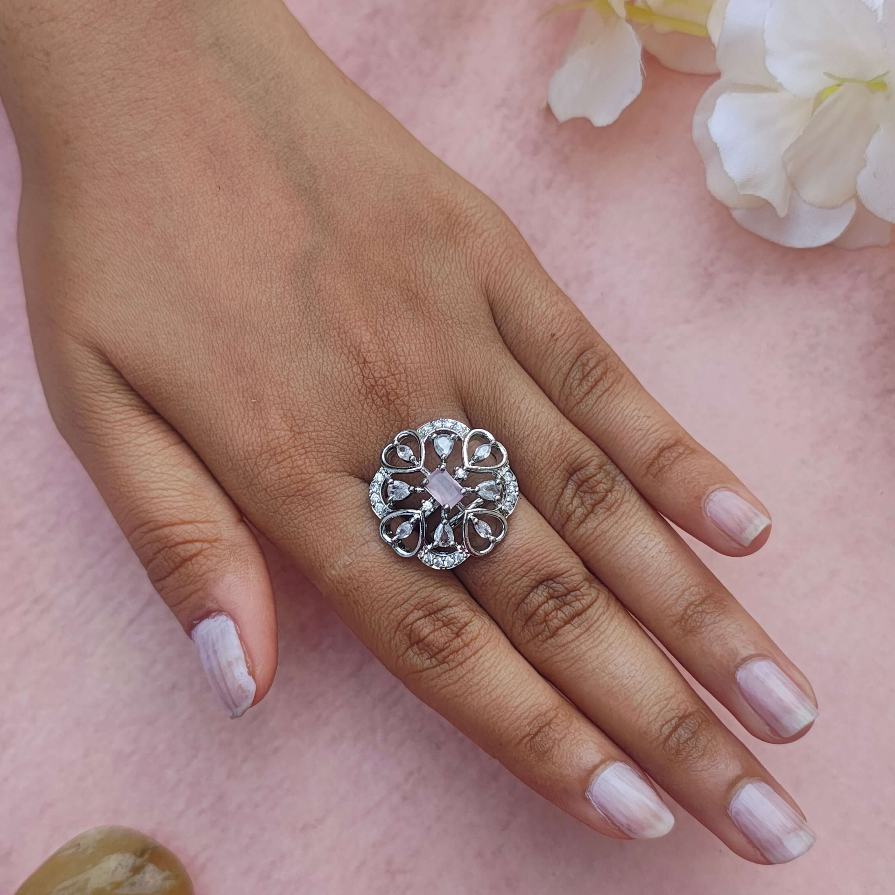 AALIYA SILVER PLATED AD RING - PINK