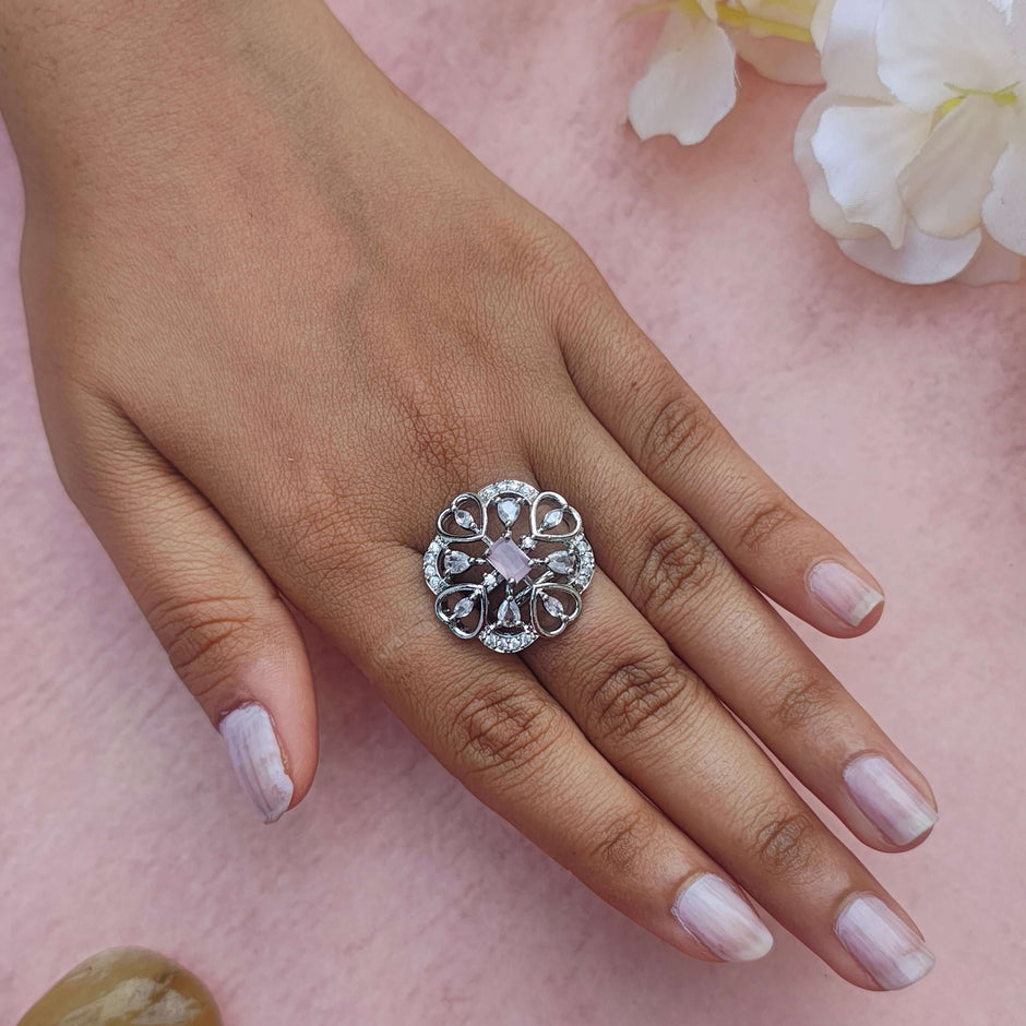 AALIYA SILVER PLATED AD RING - PINK