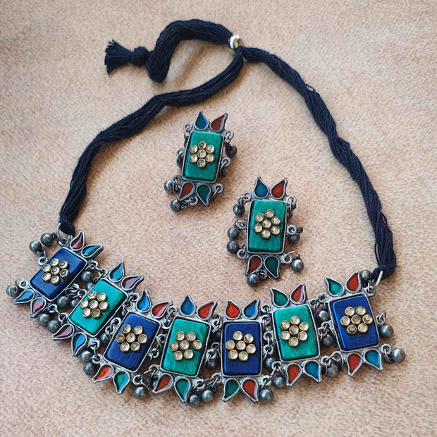 Advika Blue and Green Silver Oxidized Choker Set