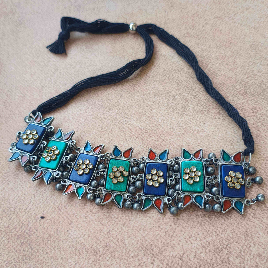 Advika Blue and Green Silver Oxidized Choker Set