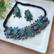 Advika Blue and Green Silver Oxidized Choker Set